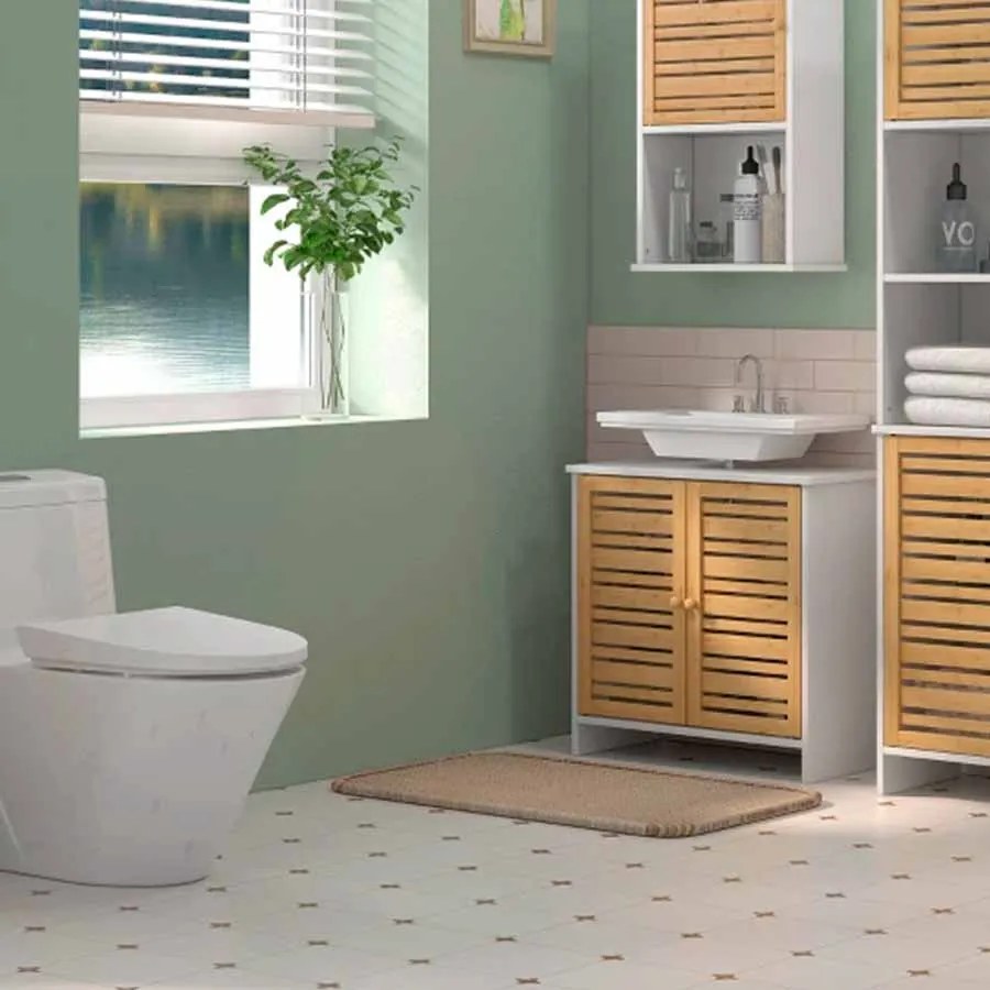 Móvel para Lavatório Moderno com Portas Magnéticas de Bambu e Estante Ajustável 60x30x60 cm Branco e Madeira