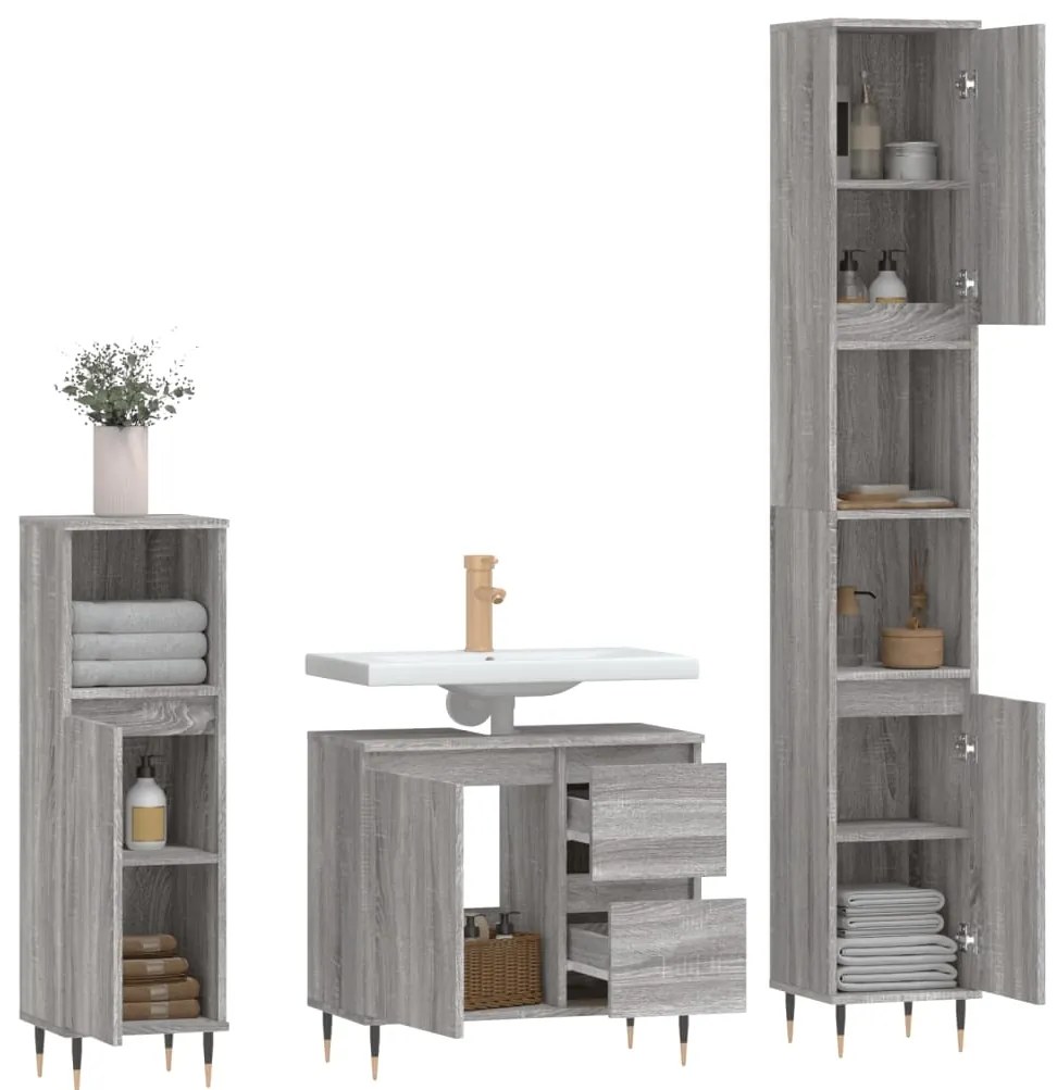 3 pcs Conjunto móveis casa de banho madeira proc. cinza sonoma
