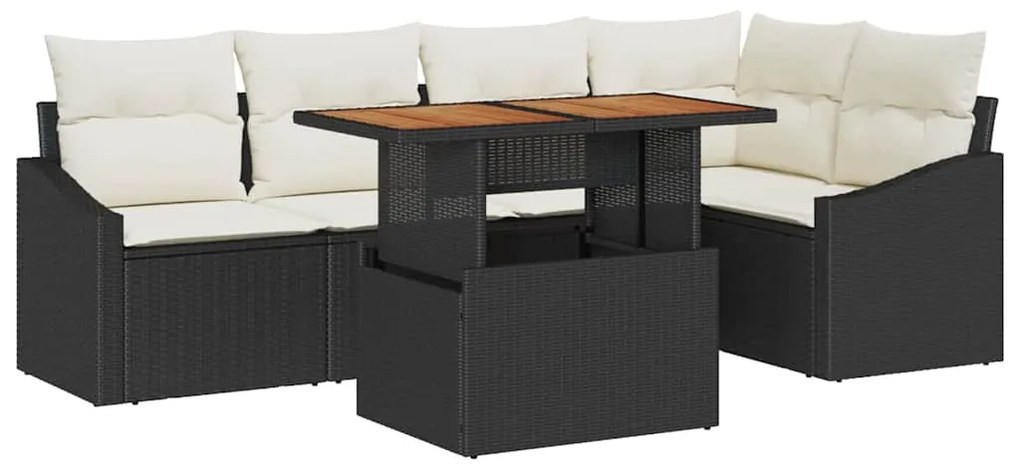 Conjunto de sofá de jardim 6 peças com almofadas, preto, poliratã