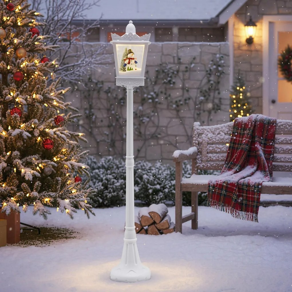 Candeeiro musical natal com 185 cm de altura com luzes LED brancas quentes Efeitos de neve Base recarregável Branco
