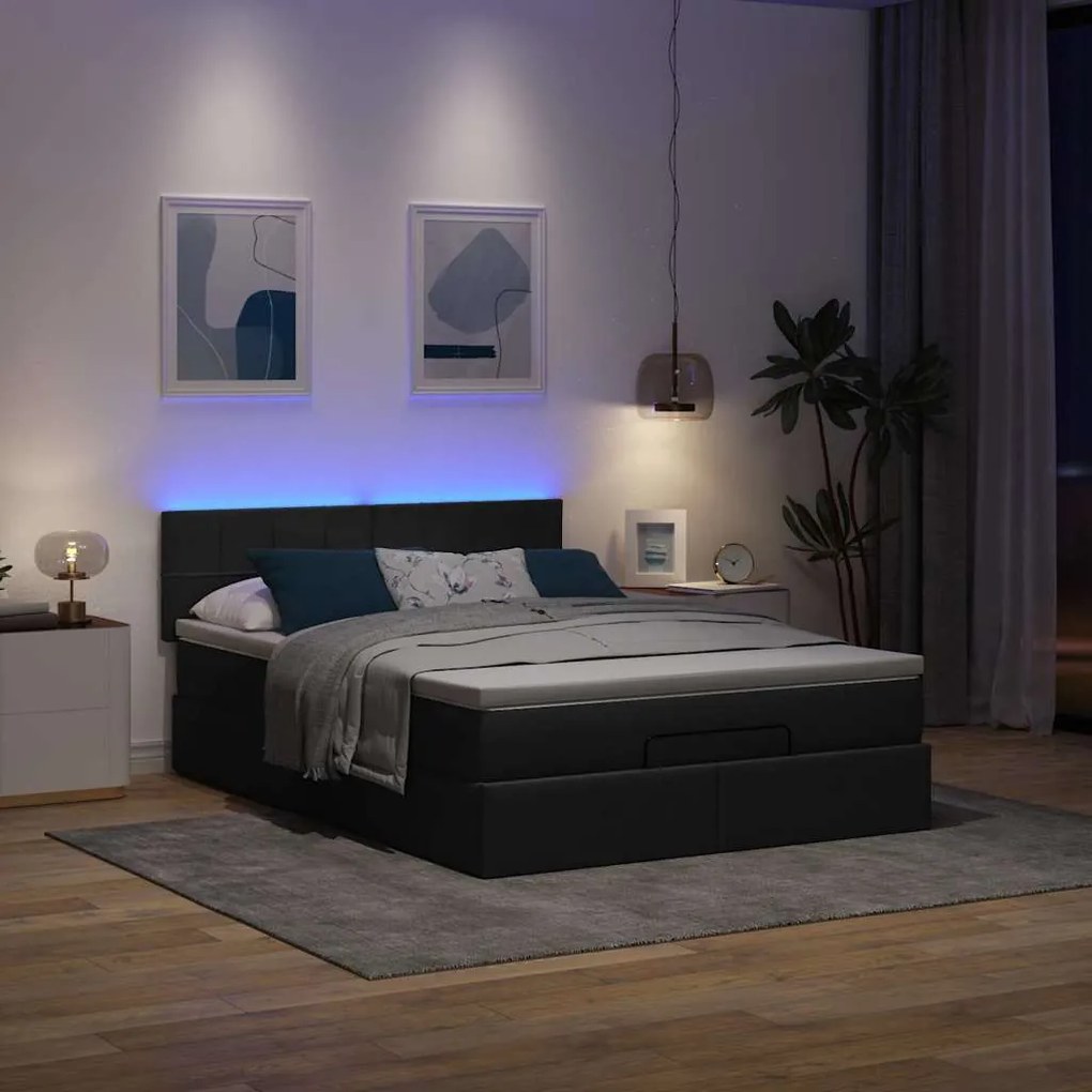 Cama Otomana com Colchão &amp; LEDs Preto 140x200 cm Tecido