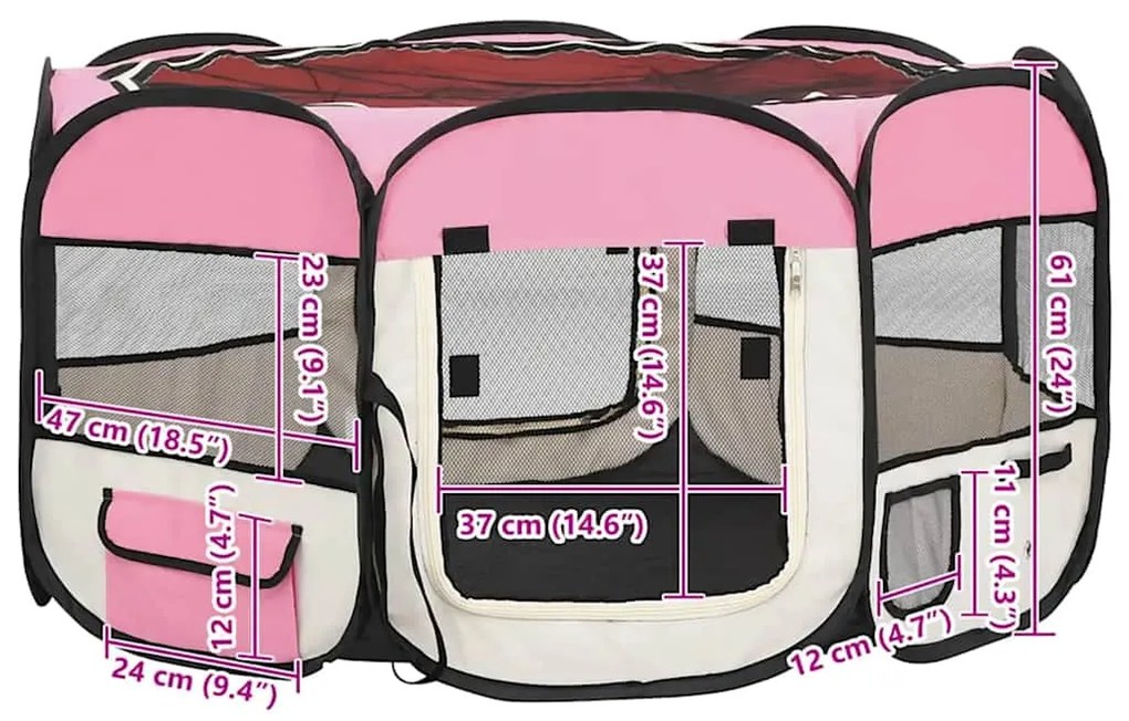 Parque dobrável p/ cão c/ saco de transporte 125x125x61cm rosa