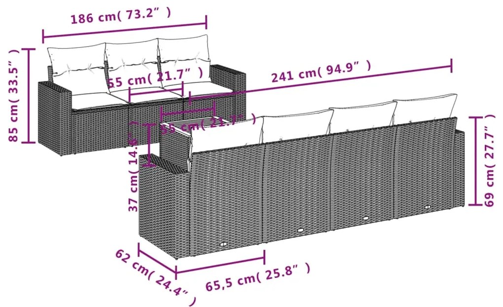 8 pcs conjunto sofás de jardim com almofadões vime PE preto