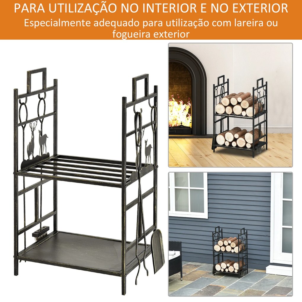 Suporte para Lenha de Ferro Forjado de 2 Níveis com 4 Ferramentas para Interior e Exterior 51,5x33x77 cm Preto e Dourado