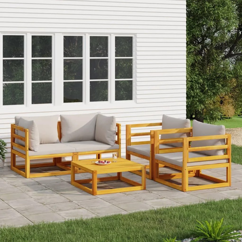 vidaXL 5 pcs conj. lounge de jardim madeira c/ almofadões cinza-claro