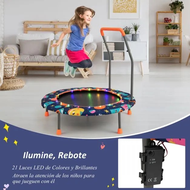 Trampolim para crianças 92 cm com luzes LED Pega de segurança Tapete de saltos redondo Cobertura 3-6 anos Multicolorido