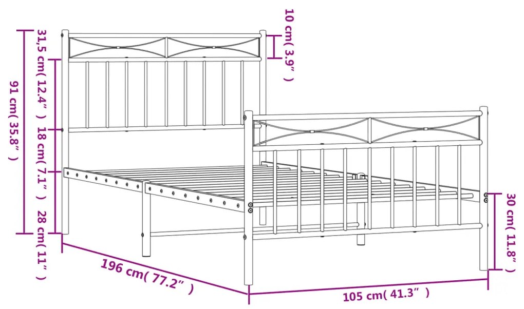 Estrutura de cama com cabeceira e pés 100x190 cm metal branco