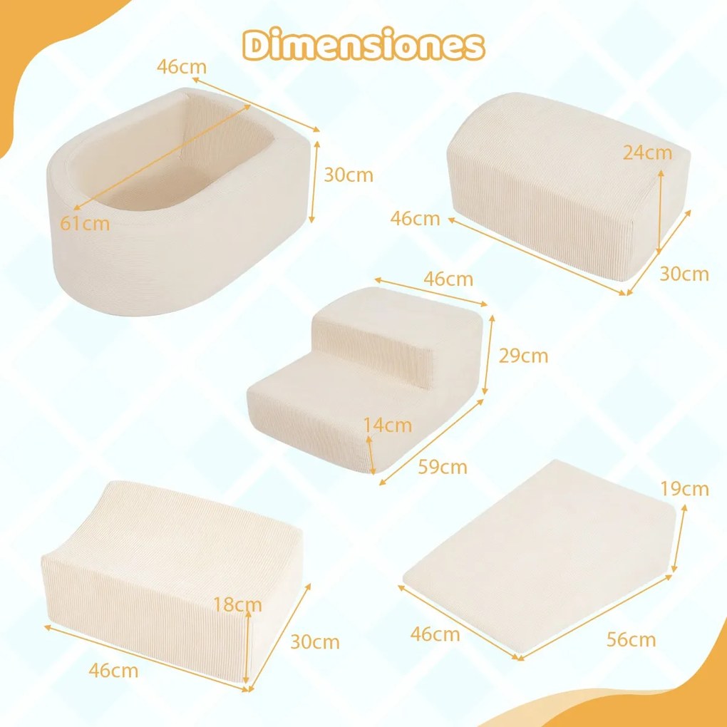 Blocos de espuma de 5 peças para Crianças (BOLAS NÃO INCLUIDAS) para trepar e gatinhar com piscina bolas e capas de veludo bege