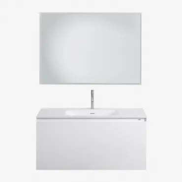 Conjunto De Móvel De Casa De Banho Suspenso Em Madeira Com Lavatório Integrado Macrae Branco & Led Retangular E Anti-embaciamento 100x70 Cm Riben & Ci