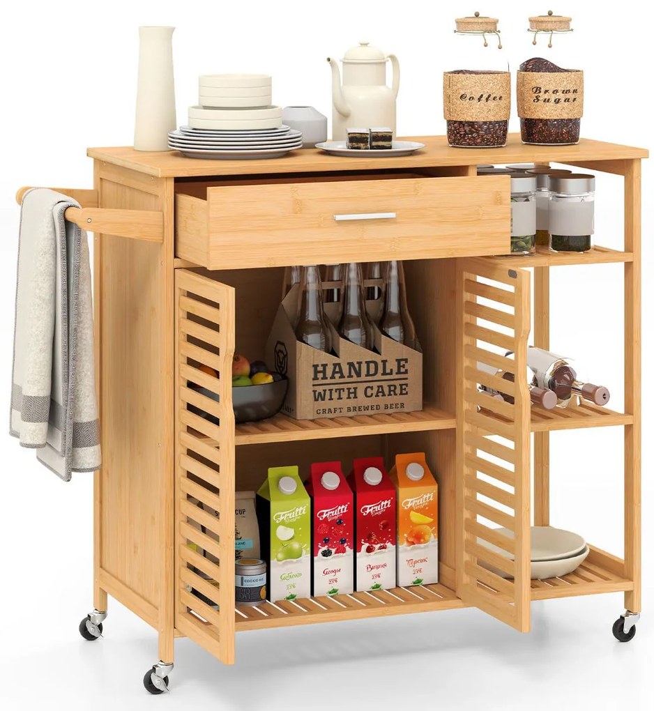 Carrinho de cozinha 104 x 40 x 89 cm com ilha de 90 cm com rodas em bambu Gaveta Prateleiras Natural