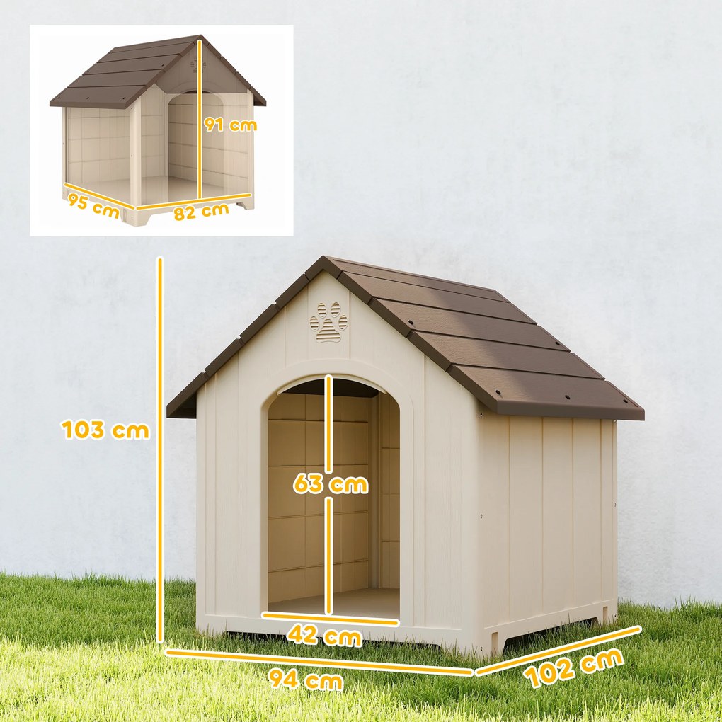 Casota para Cães Exterior Extragrande em Plástico com 2 Janelas, Base Elevada e Estacas Bege
