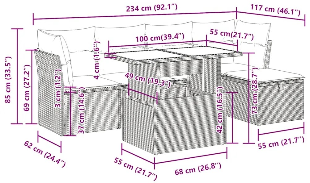 6 pcs conjunto de sofás p/ jardim com almofadões vime PE bege