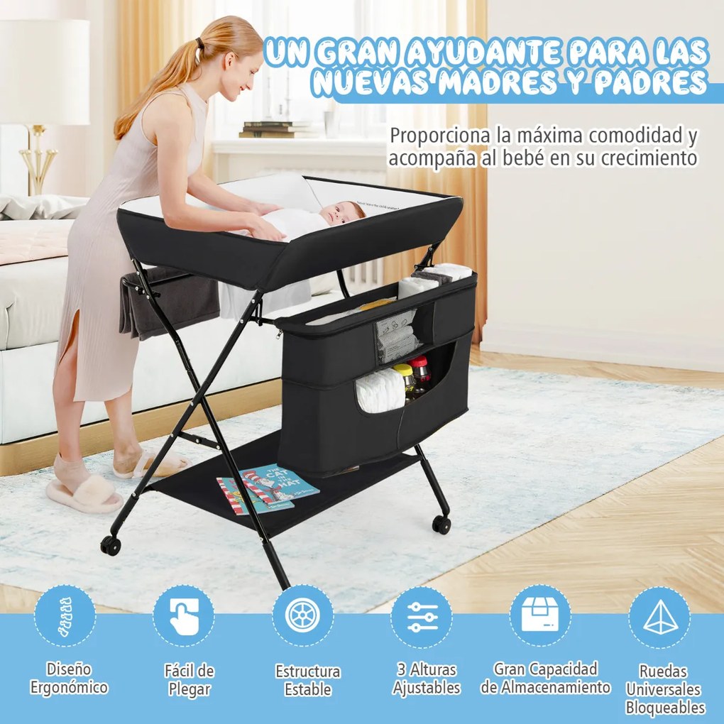 Mesa muda-fraldas com rodas 4 em 1 Altura do berço Ajustável em 3 níveis Mesa muda-fraldas 81 x 70 x 106-5 cm Preto
