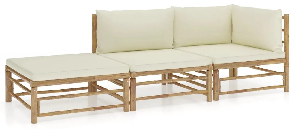 vidaXL 3 pcs conj. lounge p/ jardim em bambu c/ almofadões branco nata