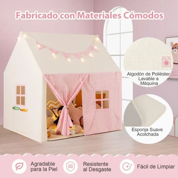 Tenda infantil com tapete acolchoado, 2 janelas e 2 bolsos de armazenamento, luzes de estrelas e bandeira rosa