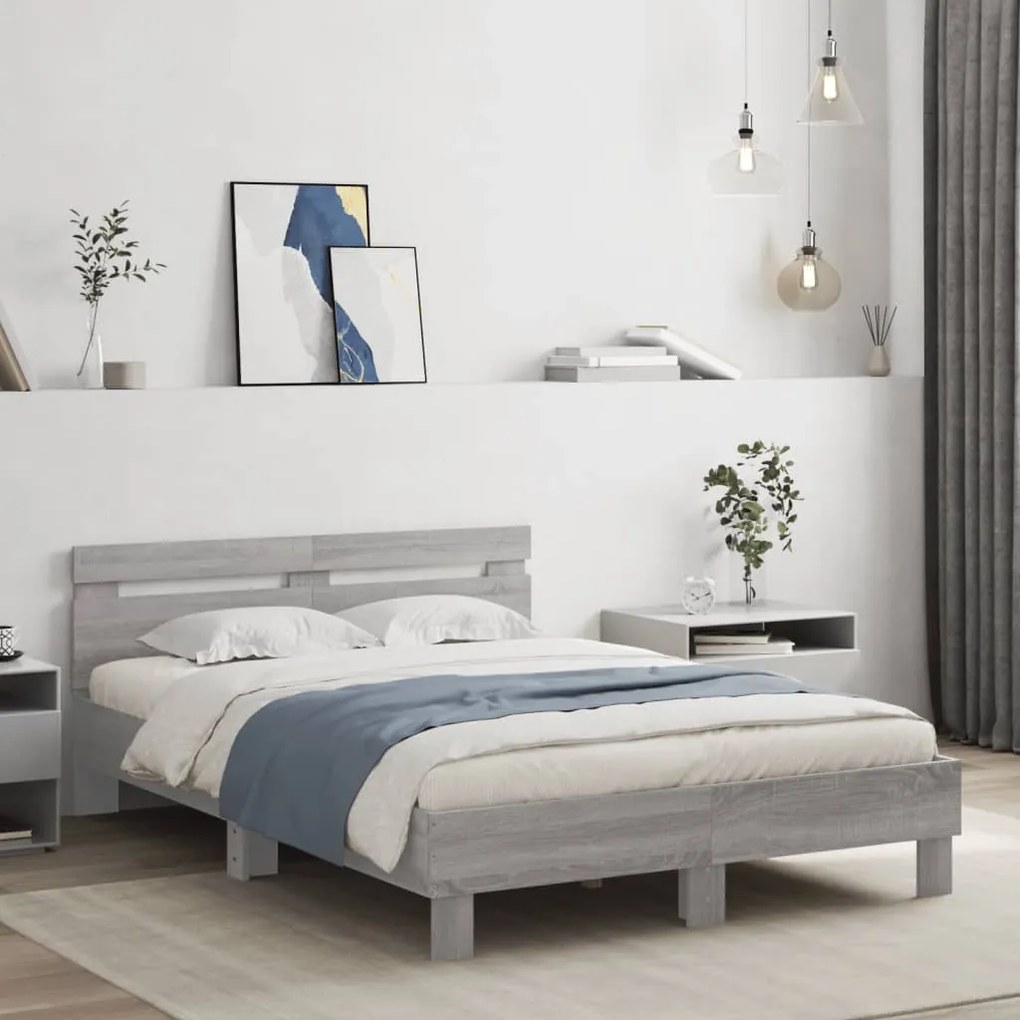 Estrutura cama c/ cabeceira/luzes LED 120x200cm cinzento sonoma