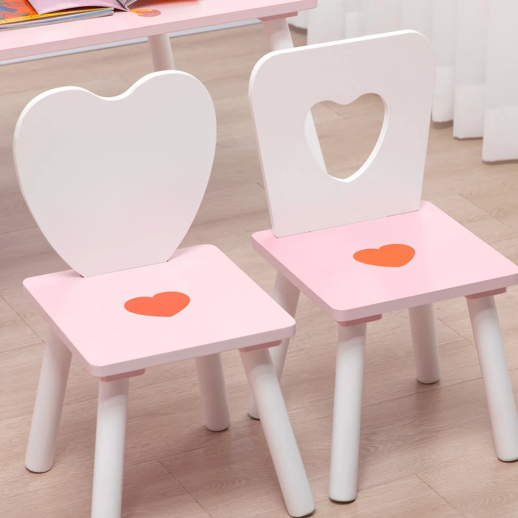 ZONEKIZ Conjunto de Mesa e 2 Cadeiras Infantil de Madeira Mesa Infantil para Crianças Acima de 18 Meses para Sala de Estar Brinquedoteca Dormitório 68x68x47cm e 30x30x51cm Rosa