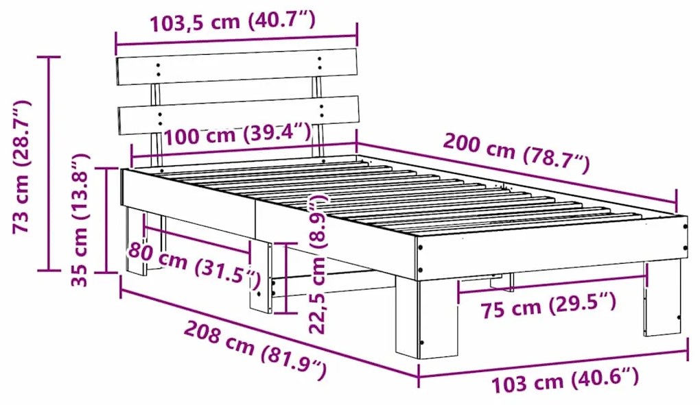 Estrado de cama com cabeceira Branca 100x200 cm Madeira maciça de pinh