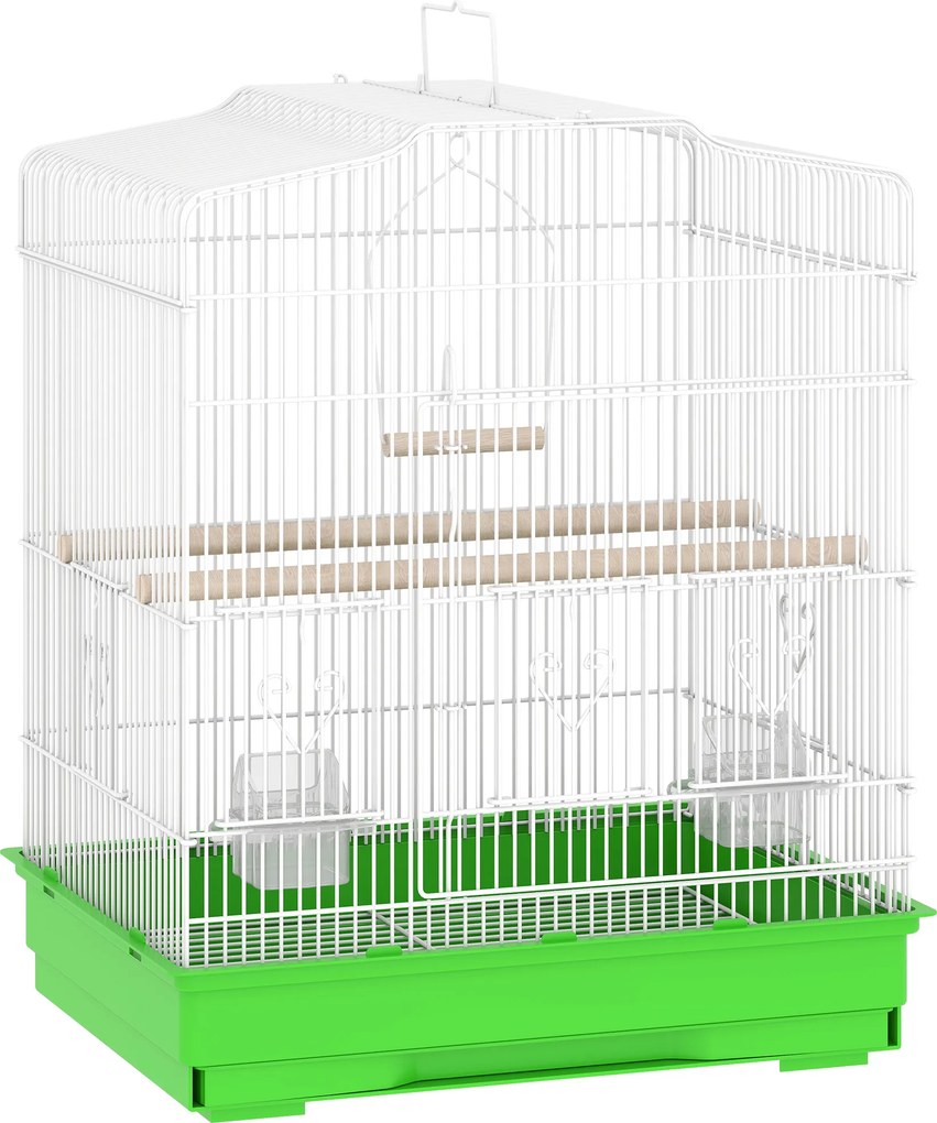 Gaiola para Pássaros Gaiola de Aço com 2 Alimentadores 2 Poleiros Baloiço e Bandeja Removível Pega 46,5x36x59 cm Verde