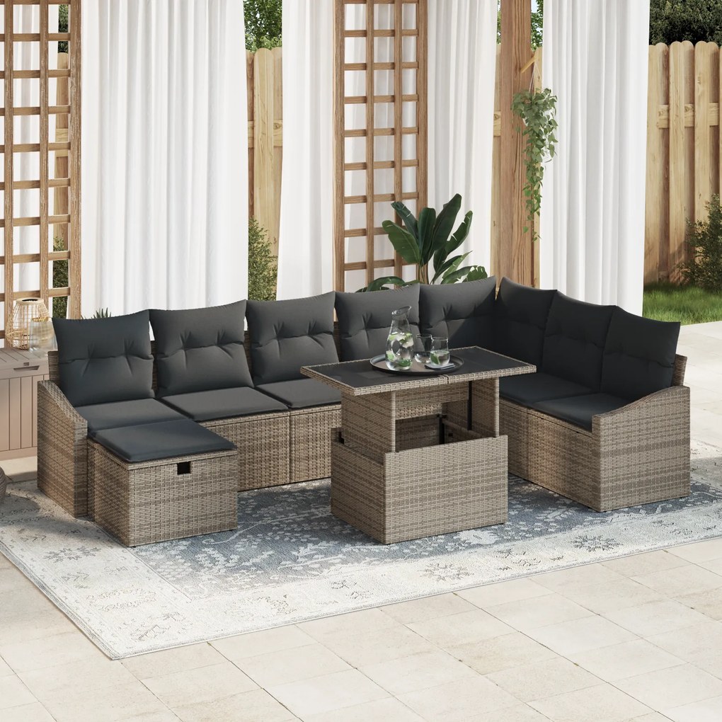 Conjunto de Sofás de Jardim de 9 Peças com Almofadas Cinza Vime Poliés