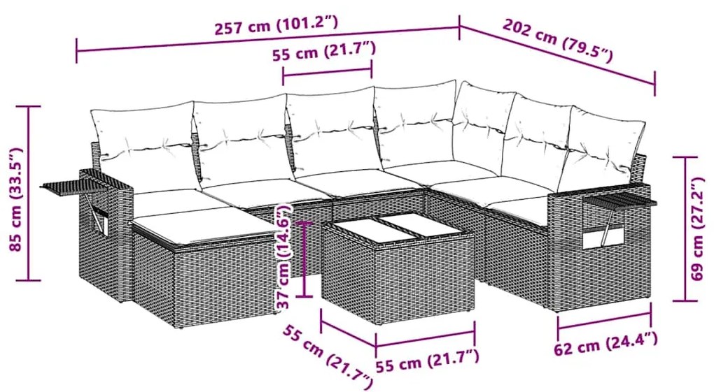 8 pcs conj. sofás jardim c/ almofadões vime PE cinzento-claro
