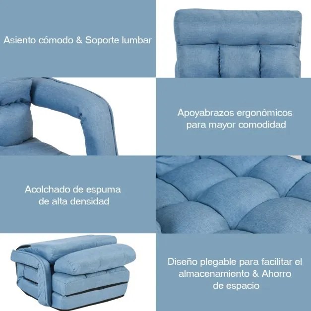 Sofá Cama de Chão individual dobrável com almofada multifuncional para quarto Sala de estar Varanda 67 x 65 x 72 cm Azul