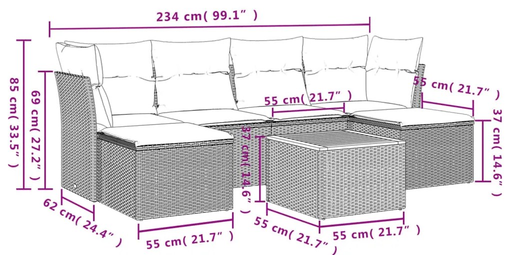 7 pcs conjunto de sofás p/ jardim com almofadões vime PE bege