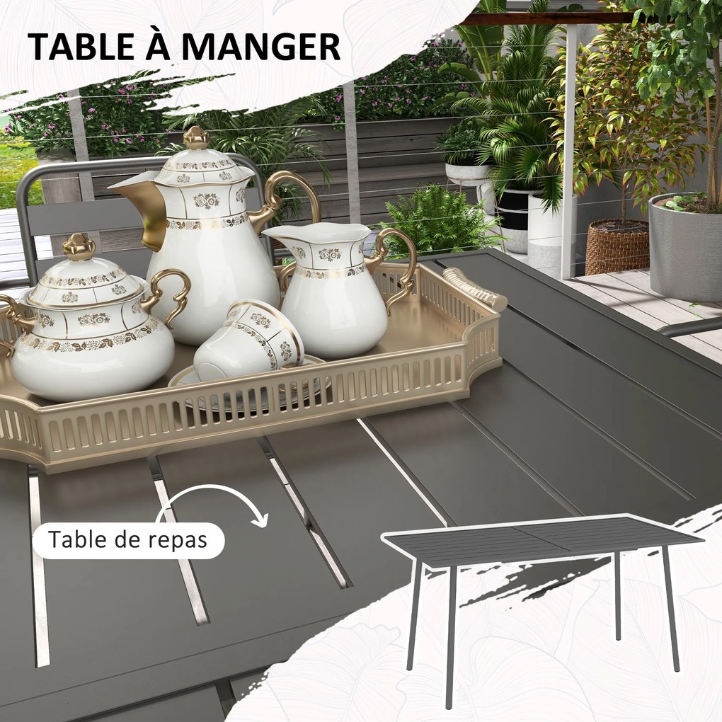Conjunto de jardim para refeições, composto por 7 peças, com 1 mesa e 6 cadeiras empilháveis em aço cinzento escuro
