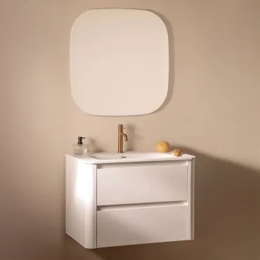 Conjunto De Móvel De Casa De Banho Suspenso Em Madeira Com Lavatório Integrado Egerton Branco & Quadrado Led E Anti-embaciamento 75x75 Cm - Sklum