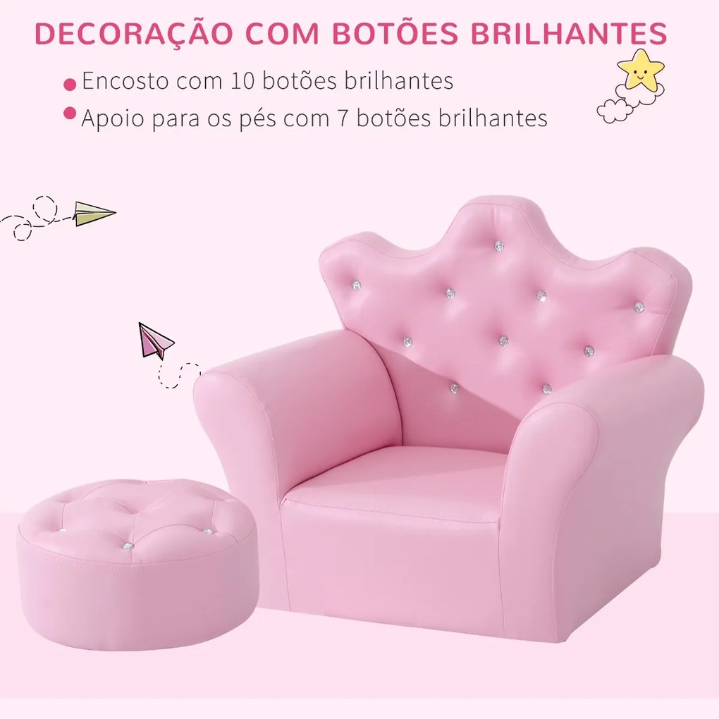 Sofá para Crianças com Banco Encosto Alto em Forma de Coroa e Apoio para os Braços Acolchoado 58x40,5x49cm Rosa