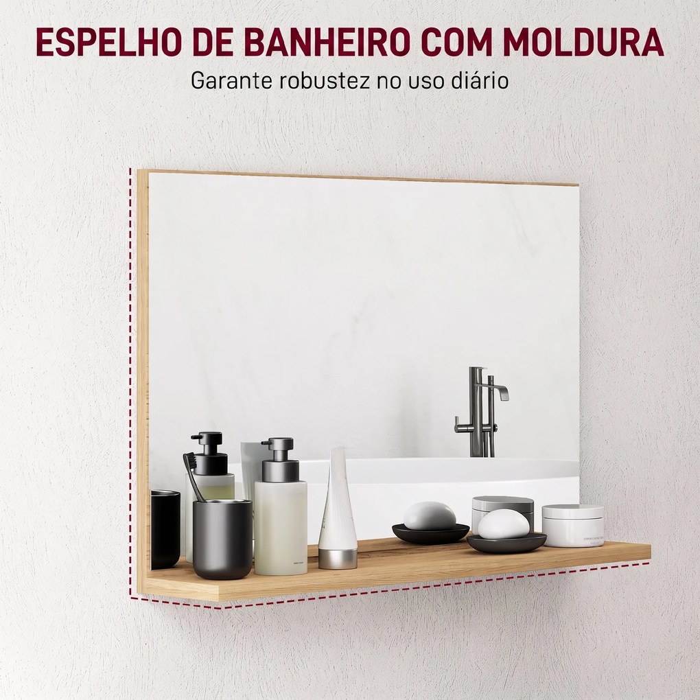Espelho de Casa de Banho de Parede com Prateleira Aberta Estilo Moderno para Hall de Entrada e Corredor 60x12x40 cm Madeira Natural