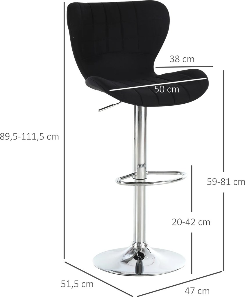 Conjunto de 2 bancos de bar de design contemporâneo, com altura do assento ajustável entre 59 e 81 cm, giratórios a 360°, em linho preto