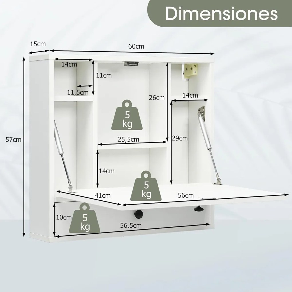 Secretária dobrável de parede com prateleira 60 cm x 15 cm x 57 cm, gaveta e tampo rebatível multiusos para escritório, quarto ou sala Branco