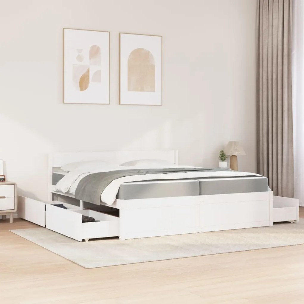 Cama com gavetas e colchão 200x200 cm pinho maciço branco