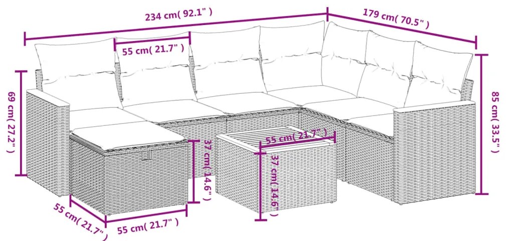 8 pcs conjunto sofás de jardim c/ almofadões vime PE cinzento