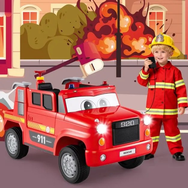 Camião de Bombeiros elétrico para Crianças com Bateria de 12V com Pulverizador de Água Controle Remoto Música Alarme Luzes Vermelho