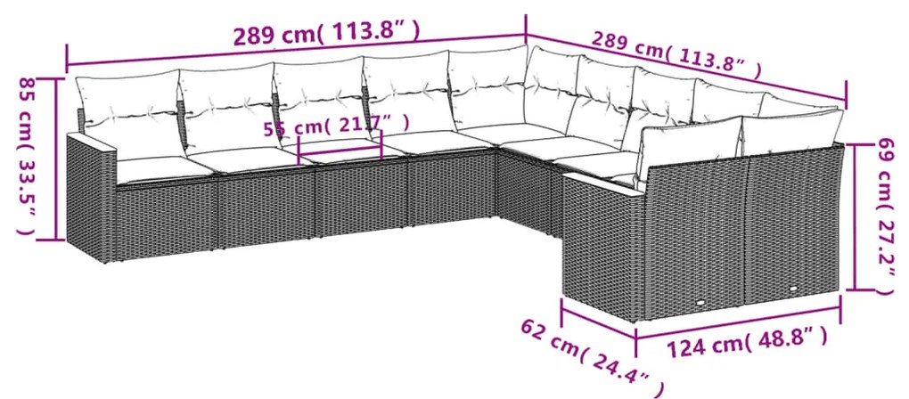 10 pcs conjunto sofás de jardim c/ almofadões vime PE preto