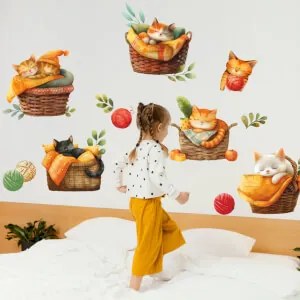 Autocolante de parede para quarto de criança - Gatos em cestos