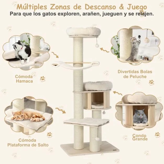 Arranhador para gatos com 4 postes de arranhar Plataforma de sisal Centro de actividades em pelúcia para gatos 75 x 56 x 174 cm Natural