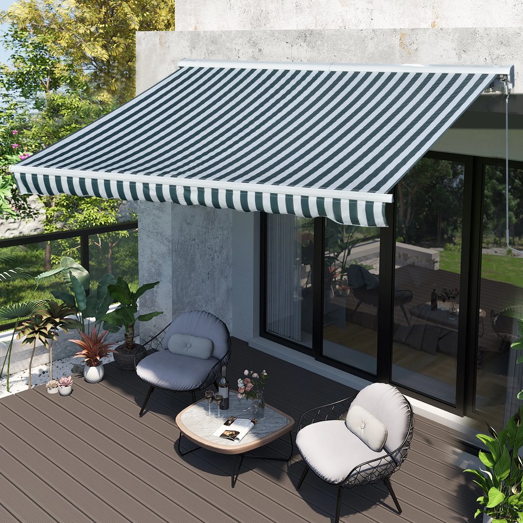 Toldo elétrico retrátil com função manual com manivela e controle remoto 300x250 cm para portas janelas verde e branco