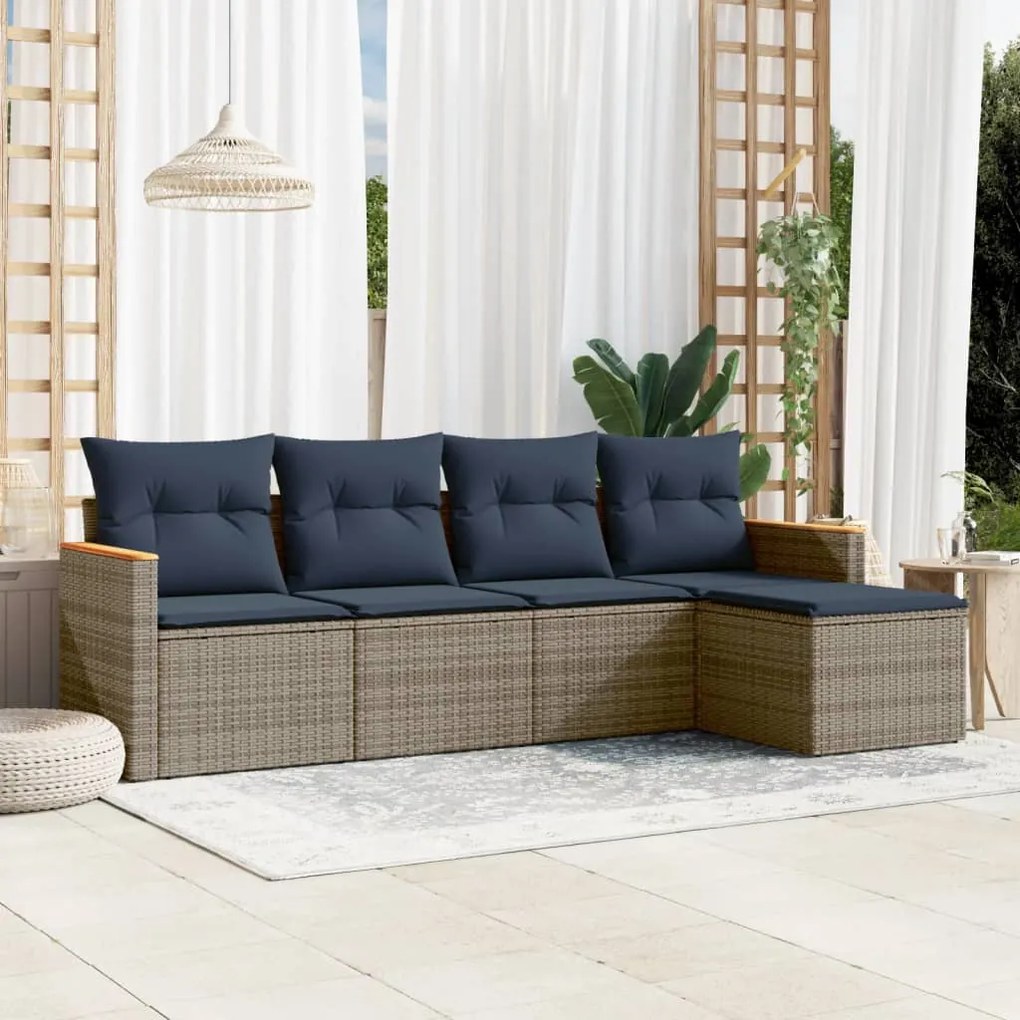 vidaXL 5 pcs conjunto sofás p/ jardim c/ almofadões vime PE cinzento