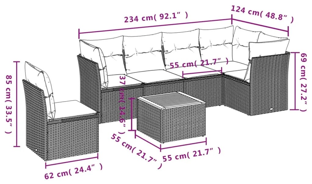 7 pcs conjunto de sofás p/ jardim com almofadões vime PE bege