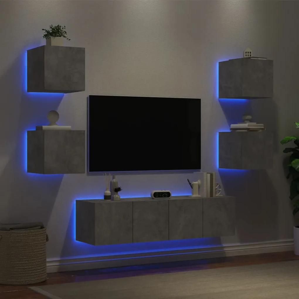 6 pcs móveis parede p/ TV c/ LEDs deriv. madeira cinza cimento