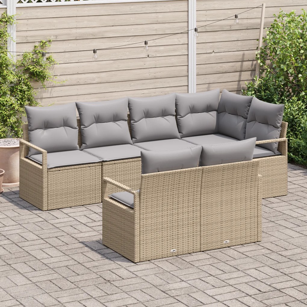 Conjunto de Sofá Jardim vidaXL de 7 Peças com Almofadas Bege Poliratan