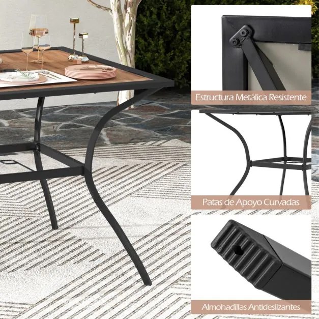 Mesa de jantar de jardim para 4 pessoas quadrada com orifício ajustável para guarda-sol e tampo de imitação madeira