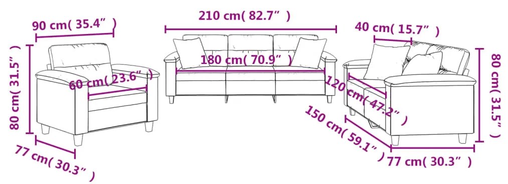 3 pcs conjunto sofás c/ almofadas tecido de microfibra preto