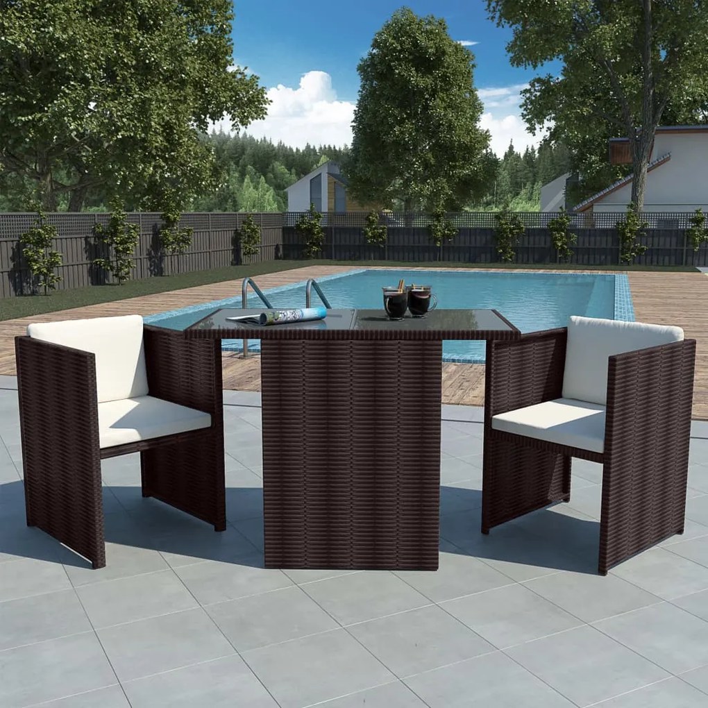vidaXL 3 pcs conjunto bistrô com almofadões vime PE castanho
