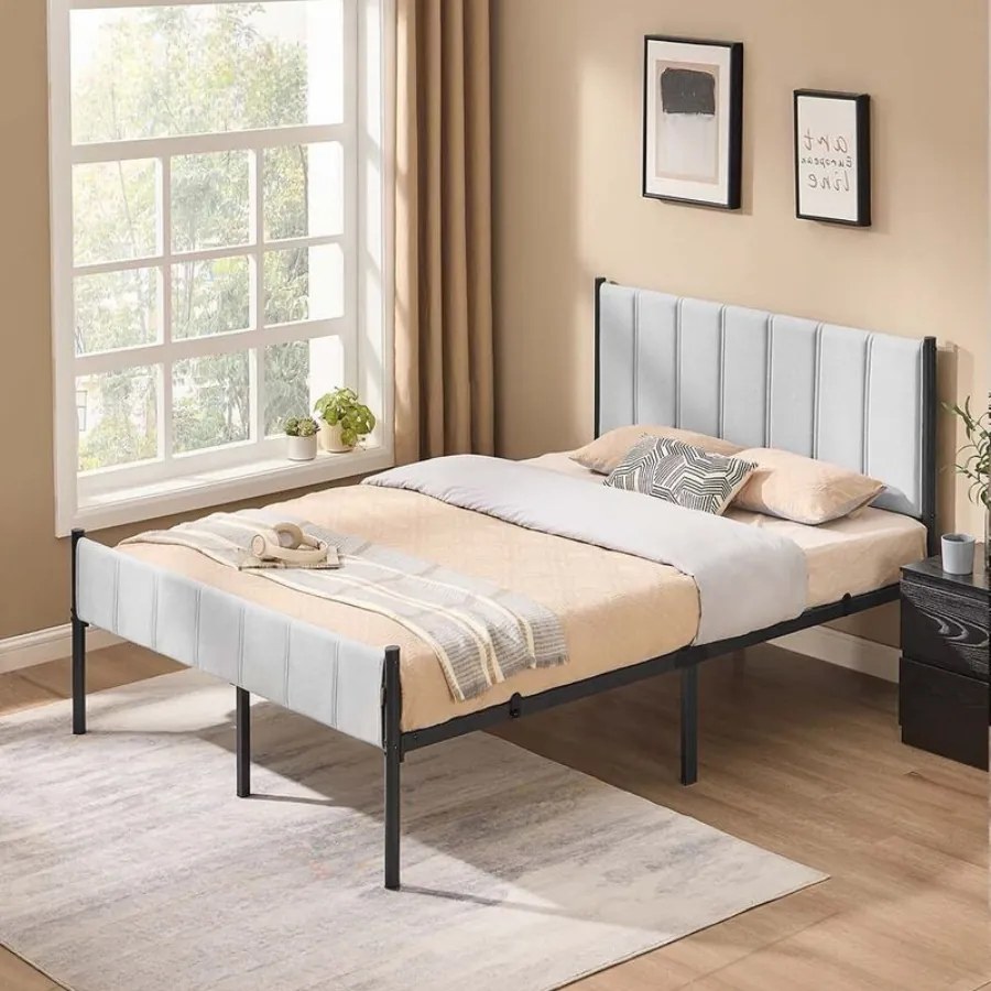Estrutura de cama de casal 207 x 141,5 x 104 cm (COLHÃO NÃO INCLUIDO) com base em aço cinzento