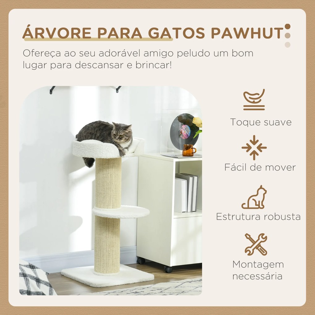 Arranhador para Gatos Altura 91 cm de 3 Níveis com Ninho Plataforma e Poste de Sisal 45x45x91 cm Creme