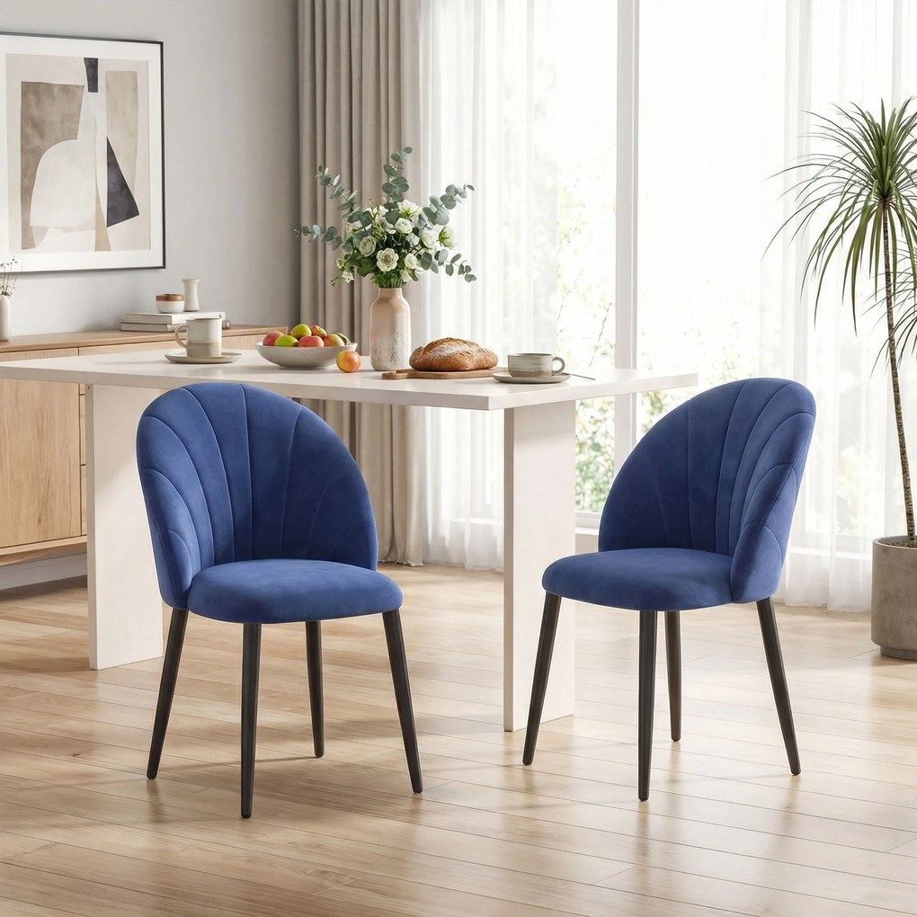 Conjunto de 2 cadeiras de sala de jantar, cadeiras de cozinha estofadas sem braços, pés em aço, 52x55x79 cm, azul
